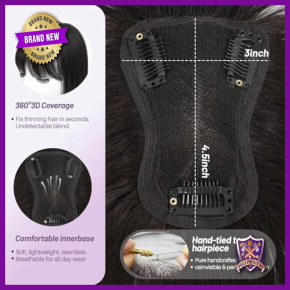 Human Hair Topper with Bangs 4.5x3 Inch Swiss Lace Base for Thinning Hair main image 6